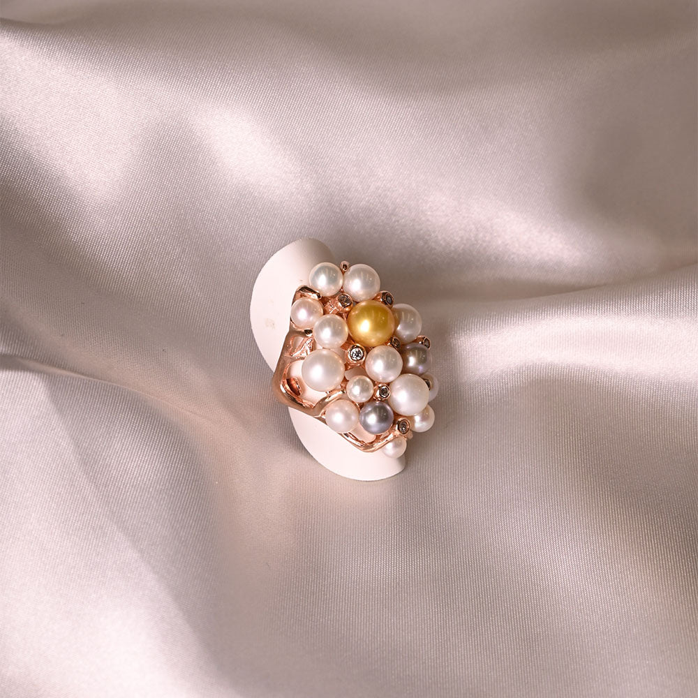 Anello in argento ramato e perle dei mari del sud e zirconi