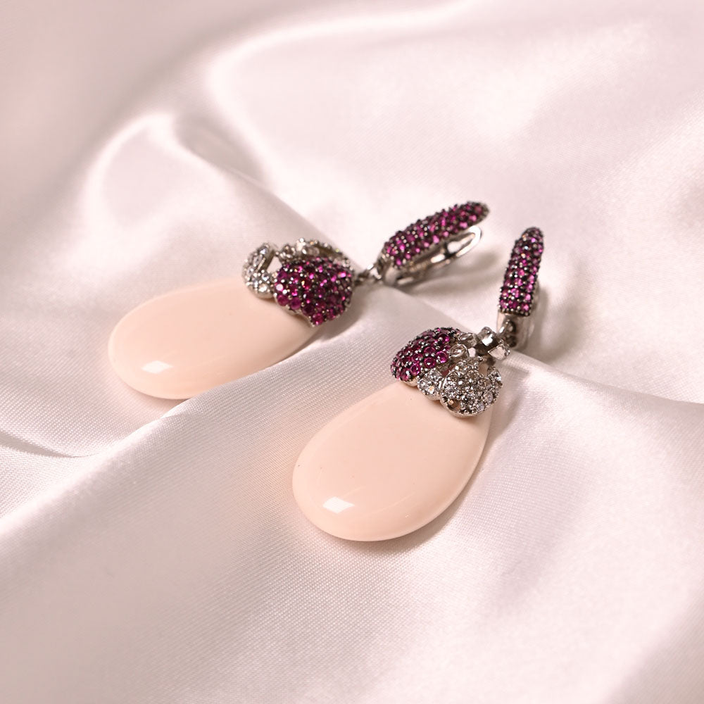 Orecchini in Argento con granchio e boccole in argento e pasta di corallo rosa e zirconi viola e bianchi
