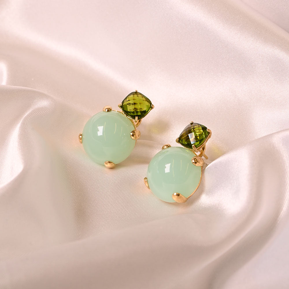 Orecchini in Argento dorato con quarzo verde e quarzo acqua marina