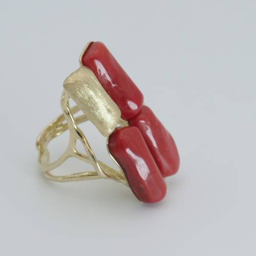 Anello in Argento dorato, coralli rossi naturali