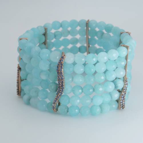 Bracciale in argento dorato, zircone blu e calcedonio azzurro